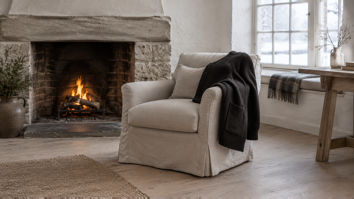 A whitewashed room in winter: a stone fireplace with a low fire, a linen armchair with a black rib knit cardigan over its arm, snow at the window