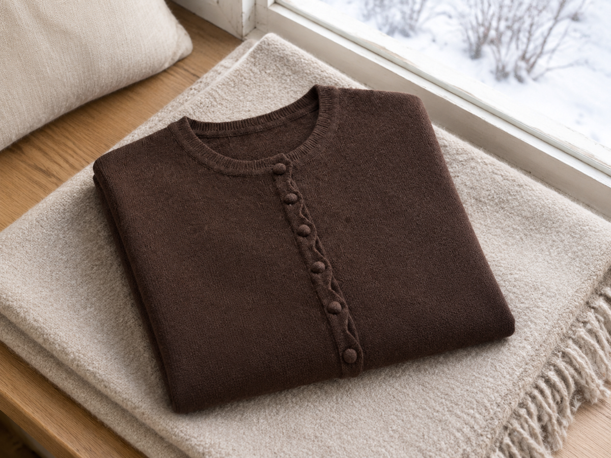A brown cardigan with a wavy front edge and small covered buttons, folded on an oatmeal wool blanket on a window seat