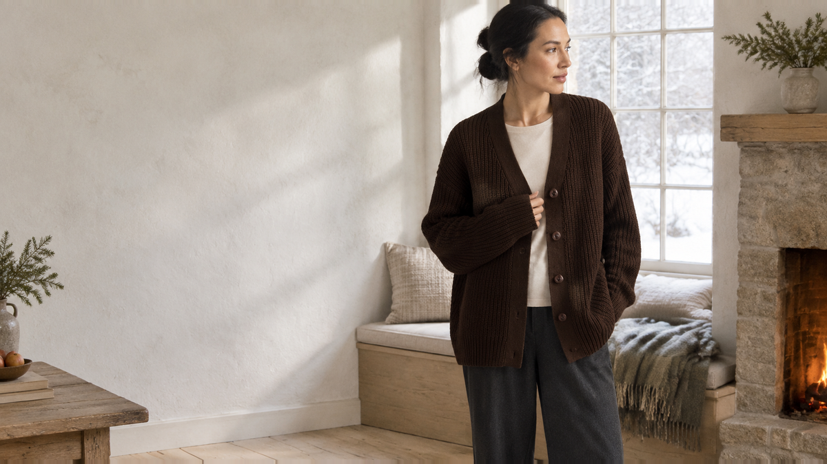 A woman in a dark brown chunky rib cardigan by a snowy window in a whitewashed room, a fire burning in a stone hearth