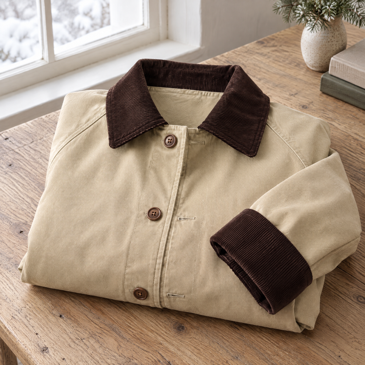 Close on a beige woven jacket with a dark brown corduroy collar and cuff