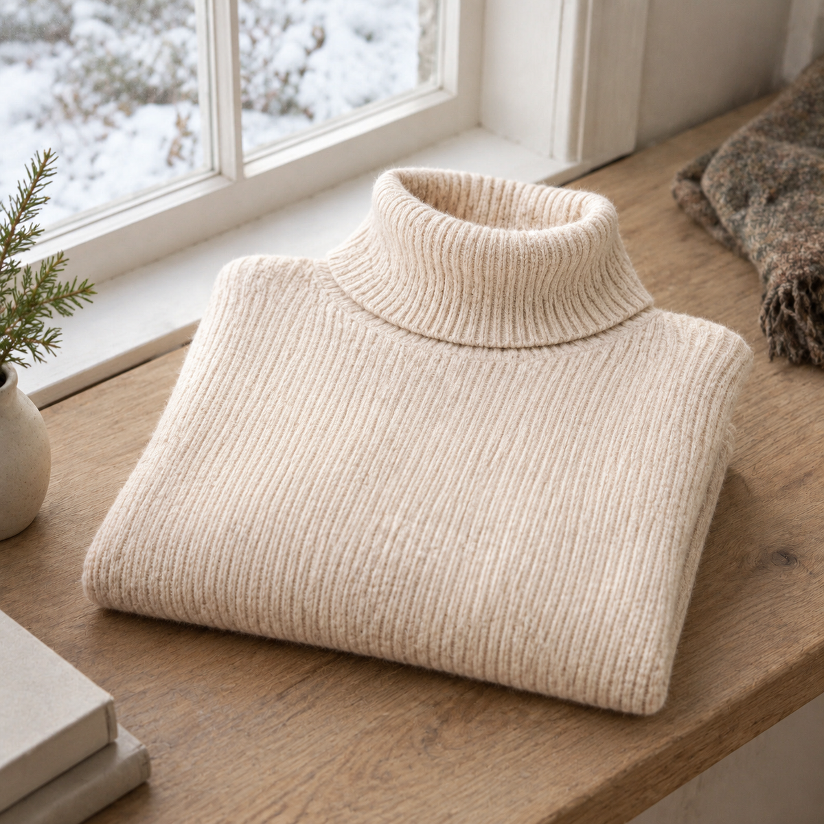 Close on a fine apricot ribbed knit folded on an oak window seat