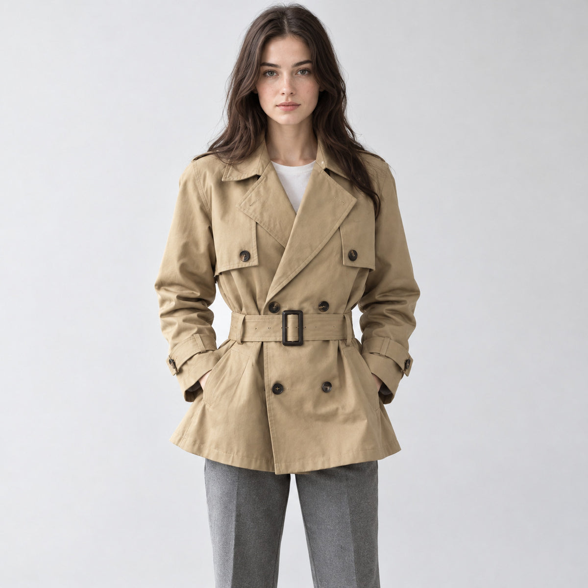 Khaki belted short trench jacket worn by a model in a neutral studio setting.
