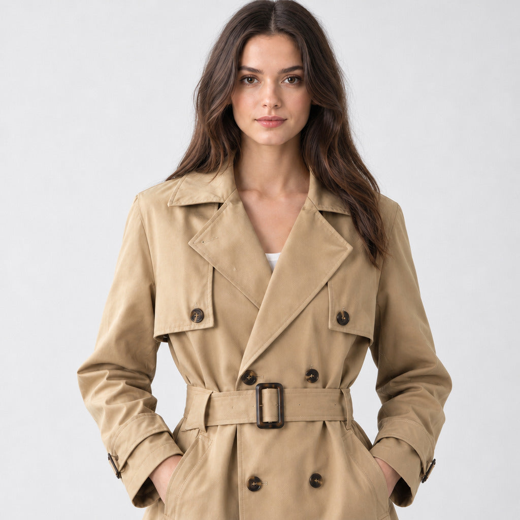 Khaki belted short trench jacket worn, cropped from the shoulders to the waist to show the lapels, storm flap, and belted closure.