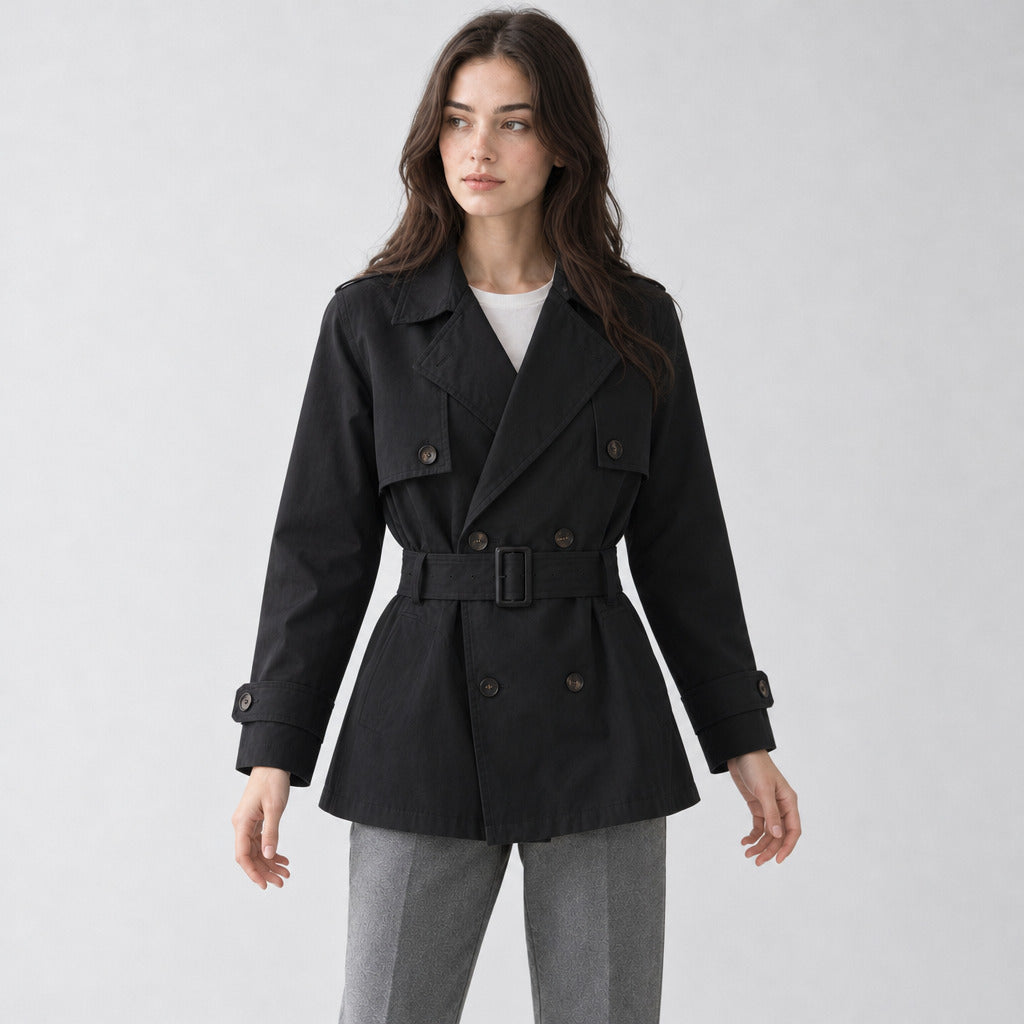Black belted short trench jacket worn by a model in a neutral studio setting.