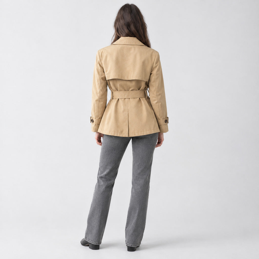 Back of the khaki belted short trench jacket worn, showing the back yoke.